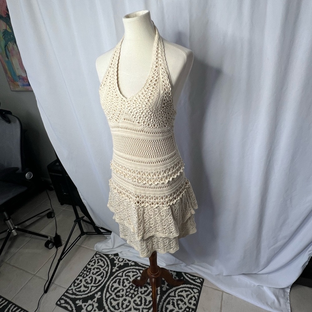 ✨ MODA International Cream Crochet Halter Dress Boho Festive Mini Dress - Medium - Picture 2 of 11